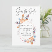 ブルーグレーオレンジ色のフローラジオメトリックフレーム結婚ズ セーブザデート (スタンド正面)