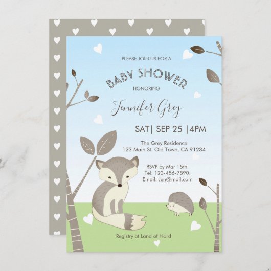 ブルーグレーキツネヘッジホッグボーイベビーシャワー招待状 (正面/裏面)
