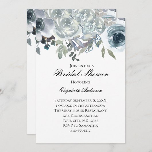 ブルーグレーグリーンエレガントフローラ水カラーブライダル 招待状 (正面/裏面)