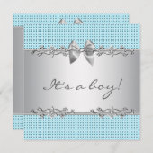 ブルーグレーシルバー白い男の子シャワー 招待状 (正面/裏面)
