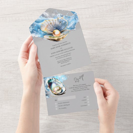 ブルーグレーシーシェルパールオイスターシェルビーチシック オールインワン招待状 (貼ってはがせる)