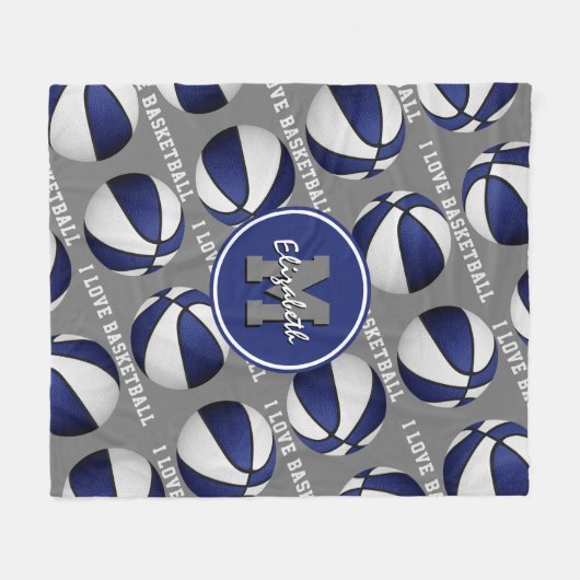 ブルーグレースポーツ私はバスケットボールのパターンが大好き文字 フリースブランケット (正面(横))