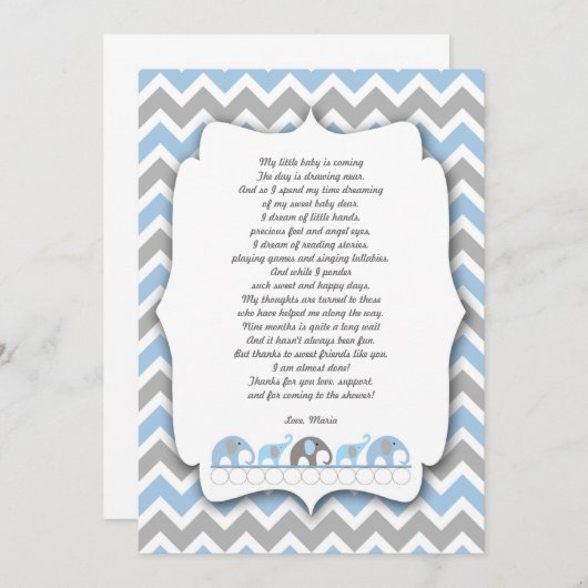 ブルーグレーゾウ赤ちゃんシャワーありがとう サンキューカード (正面/裏面)