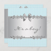 ブルーグレーチェックボーイシャワー 招待状 (正面/裏面)