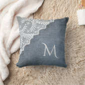 ブルーグレーデニムホワイトフェイクレースコーナーモノグラム クッション (ブランケット)