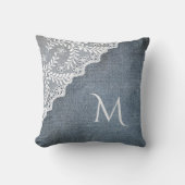 ブルーグレーデニムホワイトフェイクレースコーナーモノグラム クッション (正面)