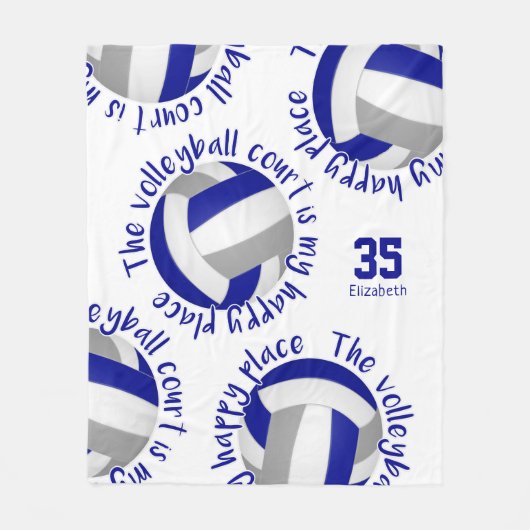 ブルーグレーバレーボールコートハッピープレイスタイポグラフィ フリースブランケット (正面)