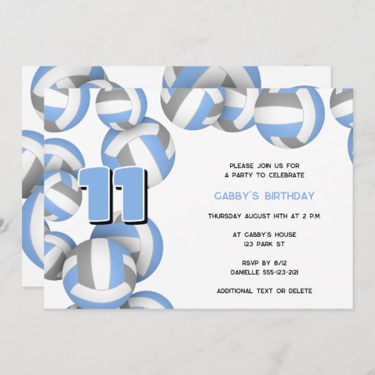 ブルーグレーバレーボール少年少女の誕生日パーティー 招待状 (正面/裏面)