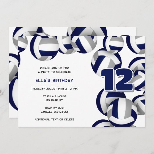 ブルーグレーバレーボール少年少女の誕生日パーティー 招待状 (正面/裏面)