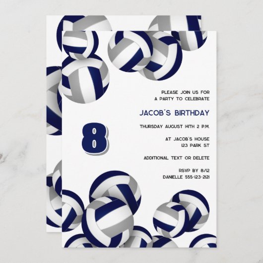 ブルーグレーバレーボール誕生日またはチームパーティー 招待状 (正面/裏面)