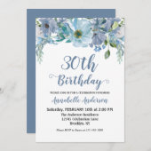 ブルーグレーフローラガーデンウォーターカラースクリプト誕生日 招待状 (正面/裏面)