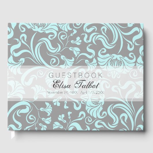 ブルーグレーフローラルパターンダマスク葬儀ゲストブック ゲストブック (正面)