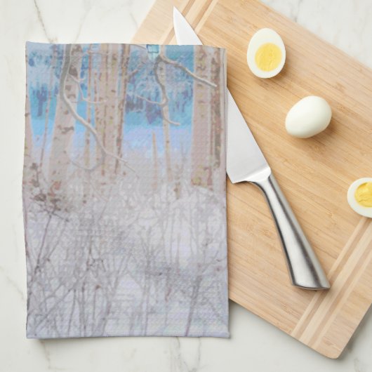 ブルーグレーブルージェイ鳥の森の木の芸術 キッチンタオル (四つ折り)