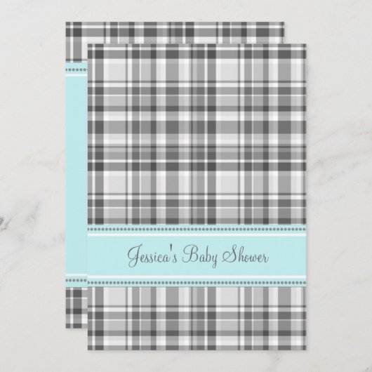 ブルーグレープレイドカスタムベビーシャワー招待状 招待状 (正面/裏面)