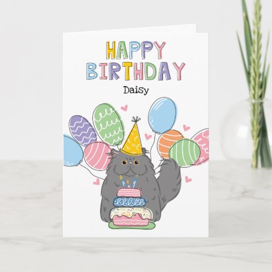 ブルーグレーペルシャ猫ロングヘア誕生日パーティー カード (正面)
