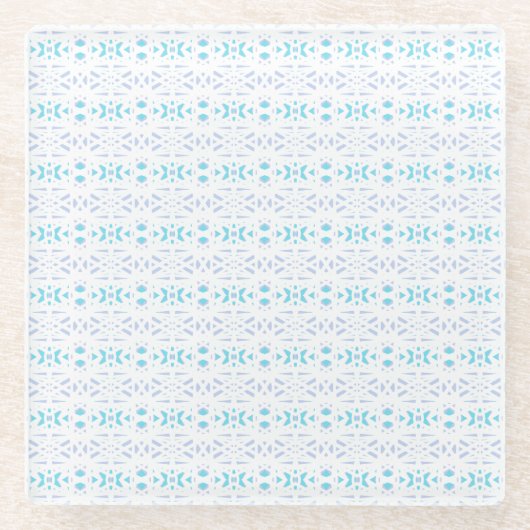 ブルーグレーホワイトパステルデコパターンギフトデコールおもしろい ガラスコースター (正面)