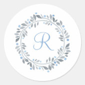 ブルーグレーホワイトモノグラムフローラリース封筒 ラウンドシール (正面)