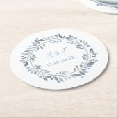 ブルーグレーホワイトモノグラム結婚フローラ ラウンドペーパーコースター (アングル)