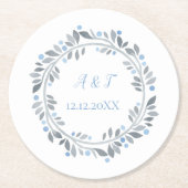 ブルーグレーホワイトモノグラム結婚フローラ ラウンドペーパーコースター (正面)