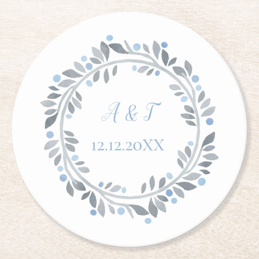 ブルーグレーホワイトモノグラム結婚フローラ ラウンドペーパーコースター (正面)