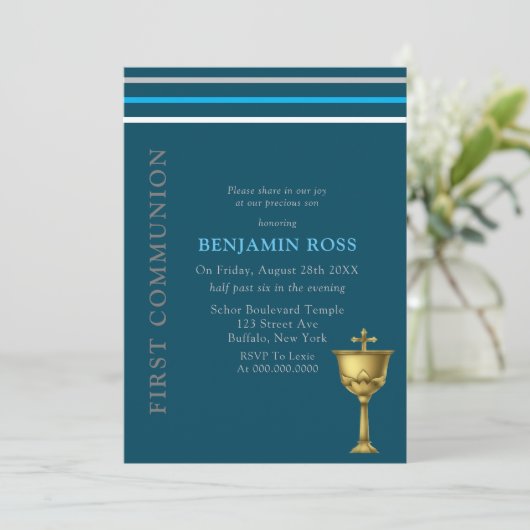 ブルーグレーホワイト金ゴールドチャリスファースト聖餐式 招待状 (スタンド正面)