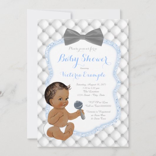 ブルーグレーボウタイエスニックボーイベビーシャワー 招待状 (正面)