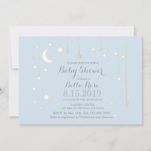 ブルーグレームーンスターボーイベビーシャワー招待状 招待状 (正面)