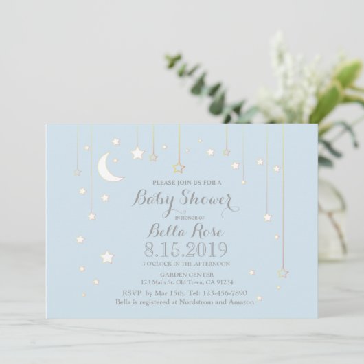 ブルーグレームーンスターボーイベビーシャワー招待状 招待状 (スタンド正面)