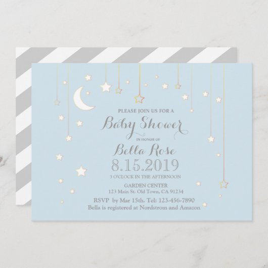 ブルーグレームーンスターボーイベビーシャワー招待状 招待状 (正面/裏面)