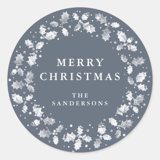 ブルーグレーメリークリスマスホリーリースクリスマス ラウンドシール (正面)