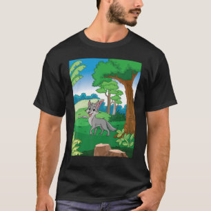 ブルーグレーランニンググレーウルフの森を抜ける微笑み Tシャツ