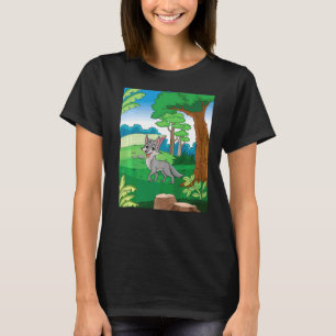 ブルーグレーランニンググレーウルフの森を抜ける微笑み Tシャツ