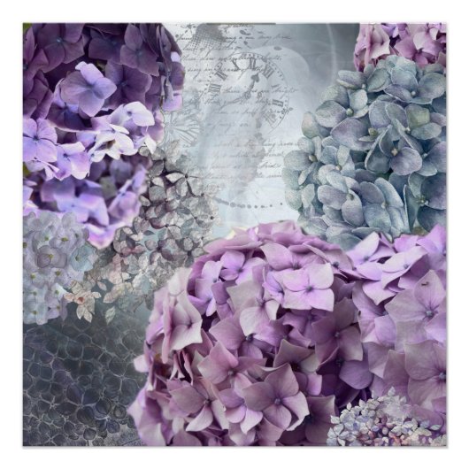 ブルーグレーヴィンテージフローラアジサイ花パターン ポスター (正面)