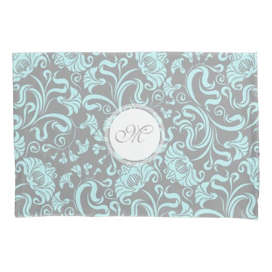 ブルーグレーヴィンテージフローラルパターンモノグラム枕C 枕カバー (正面)