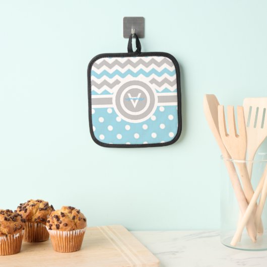 ブルーグレー水玉模様シェブロン 鍋敷き (インサイチュ (吊り下げ))