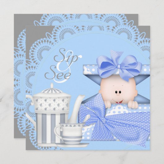 ブルーグレー男の赤ちゃんSipと表示招待状 招待状 (正面/裏面)