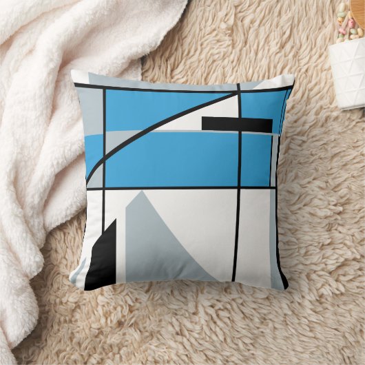ブルーグレー白黒抽象芸術アートダイアゴナルデザイン クッション (ブランケット)