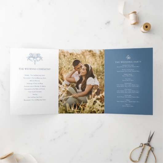 ブルーグレー白（紋章の）フラ・ダ・リアートウェディングプログラム 三つ折りプログラム (内部)