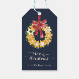 ブルーグレー背景のクリスマスクッキーリース ギフトタグ