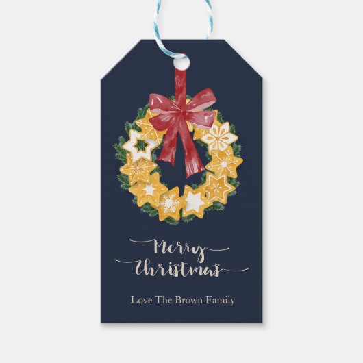 ブルーグレー背景のクリスマスクッキーリース ギフトタグ (正面)