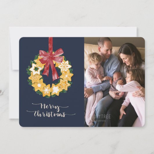 ブルーグレー背景のクリスマスクッキーリース シーズンカード (正面)