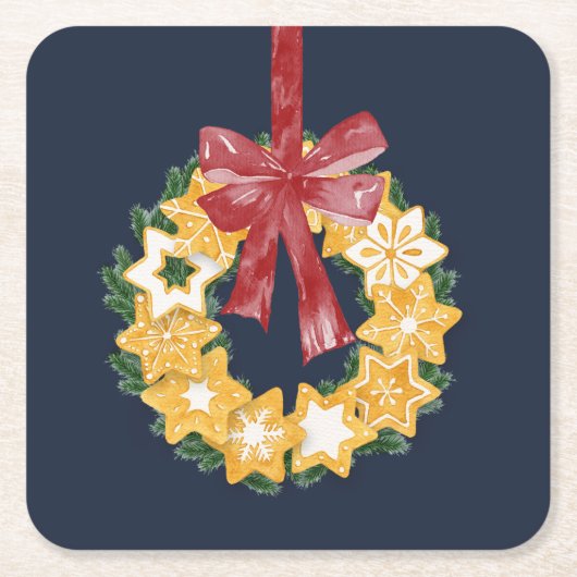 ブルーグレー背景のクリスマスクッキーリース スクエアペーパーコースター (正面)