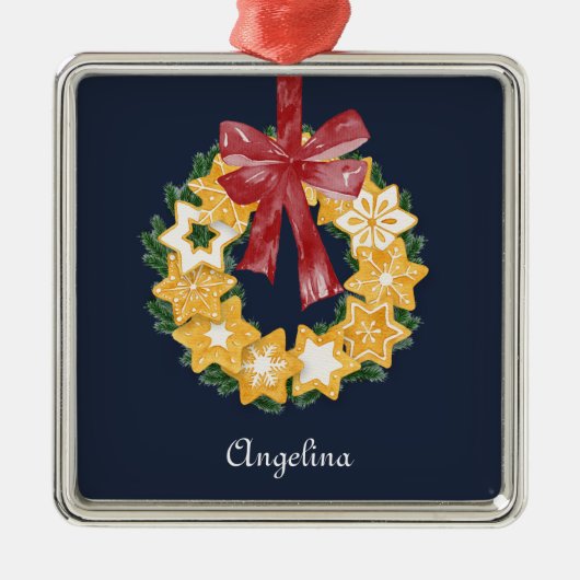 ブルーグレー背景のクリスマスクッキーリース メタルオーナメント (正面)