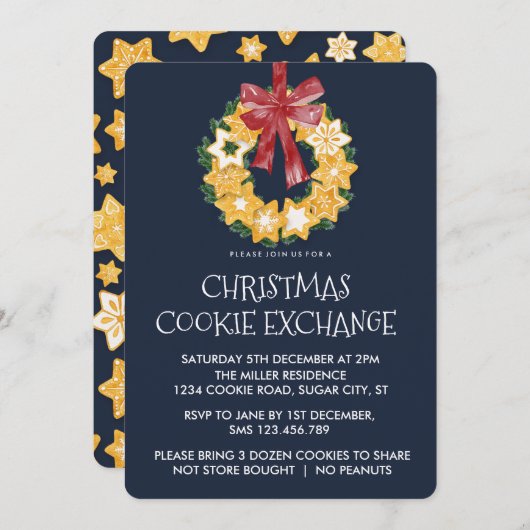ブルーグレー背景のクリスマスクッキーリース 招待状 (正面/裏面)