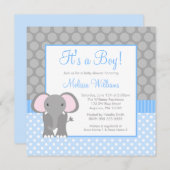 ブルーグレー象の水玉模様の男の子のベビーシャワー 招待状 (正面/裏面)