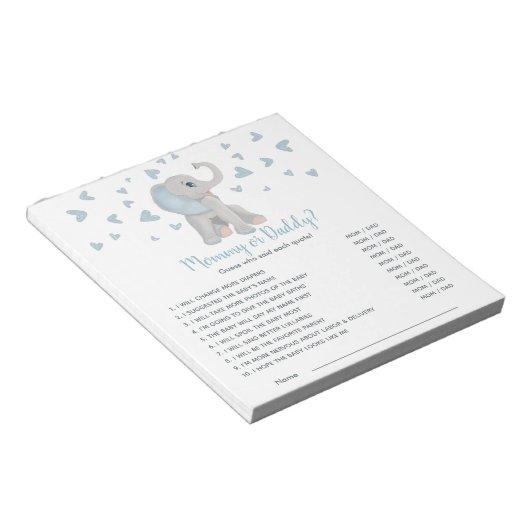 ブルーグレー象の赤ちゃんシャワーのゲーム推測 ノートパッド (アングル)