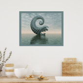 ブルーグレー超現実的な抽象芸術水景観 ポスター (キッチン)