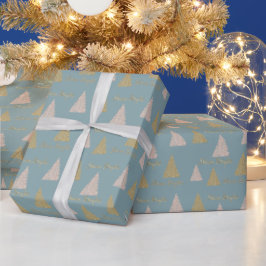 ブルーグレー金ゴールドグリッターシャインクリスマスツリーズ     ラッピングペーパー