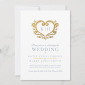 ブルーグレー金ゴールドハート結婚モノグラムの写真 招待状 (正面)