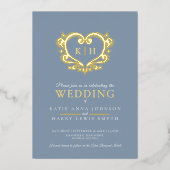 ブルーグレー金ゴールドハート結婚モノグラムの写真 箔招待状 (正面)